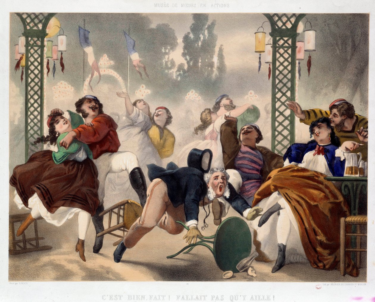 Kasinoet i Asnieres Det er godt gjort det trengte ikke å gå dit”” Populær underholdningsscene, en mann får foten i en krakk og faller midt på dansegulvet. Litografi av Philippe Jacques Linder (1835-?). Serie Musee de Moeurs et d