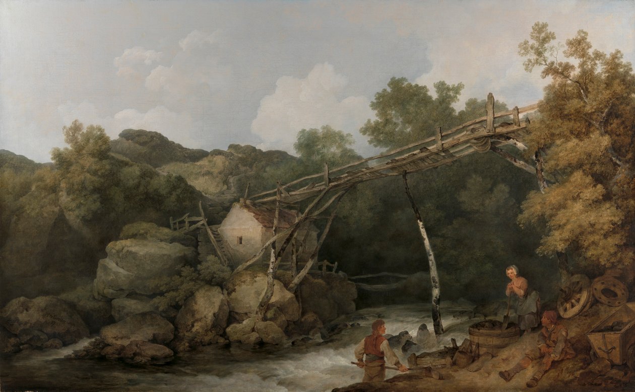 En utsikt nær Matlock, Derbyshire med figurer som arbeider under en tretransportør av Philippe Jacques de Loutherbourg
