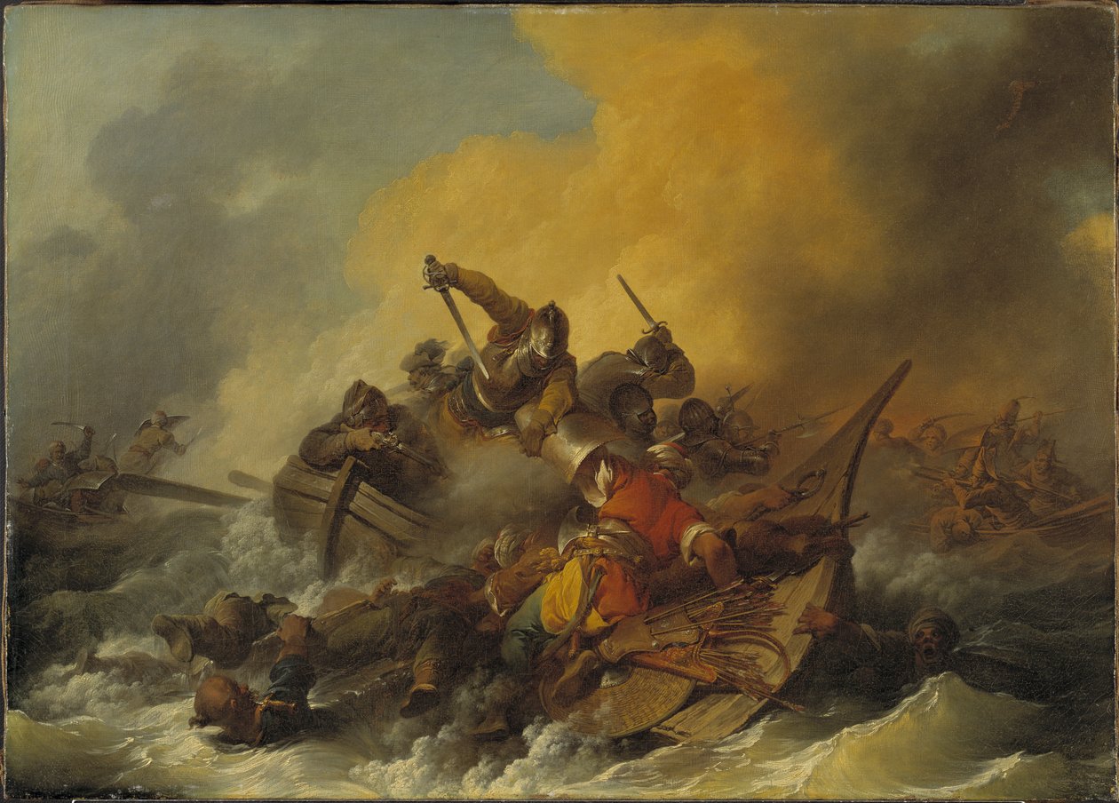 Bataille en mer entre soldats et pirates - Battle at Sea between Soldiers and Oriental Pirates, av Loutherbourg, Philip James av Philippe Jacques de Loutherbourg