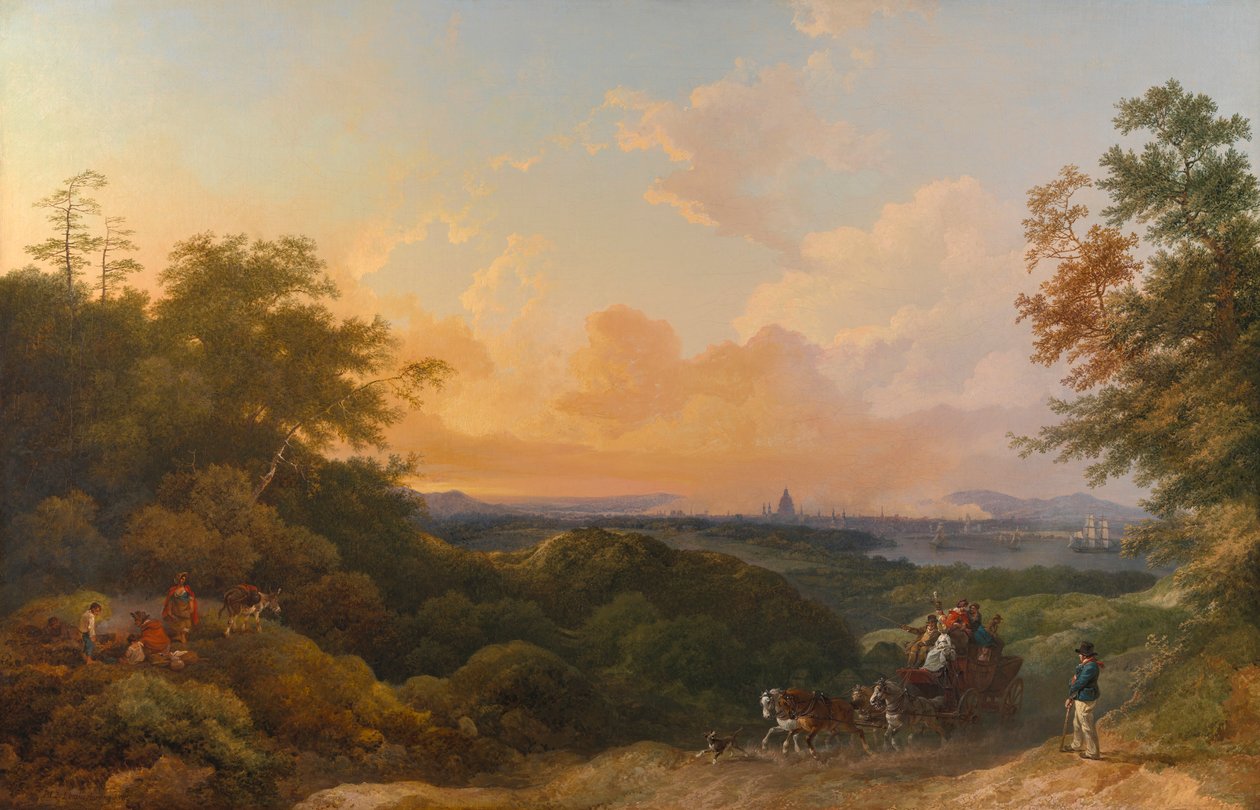 The Evening Coach, London i det fjerne av Philippe Jacques de Loutherbourg