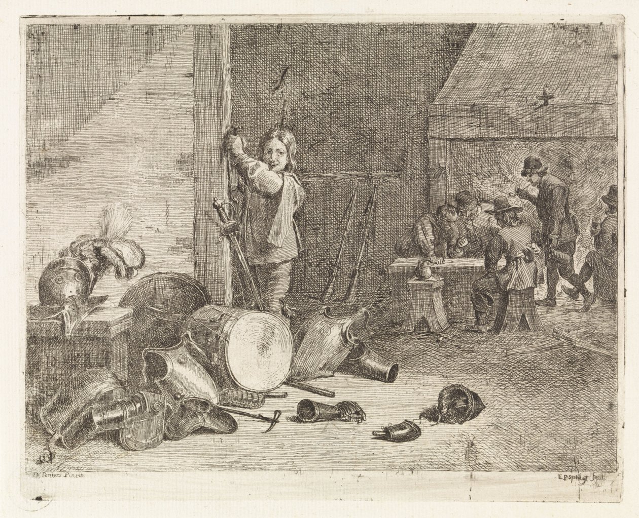 Interiør med gutt med tromme og rustning av Philippe Lambert Joseph Spruyt