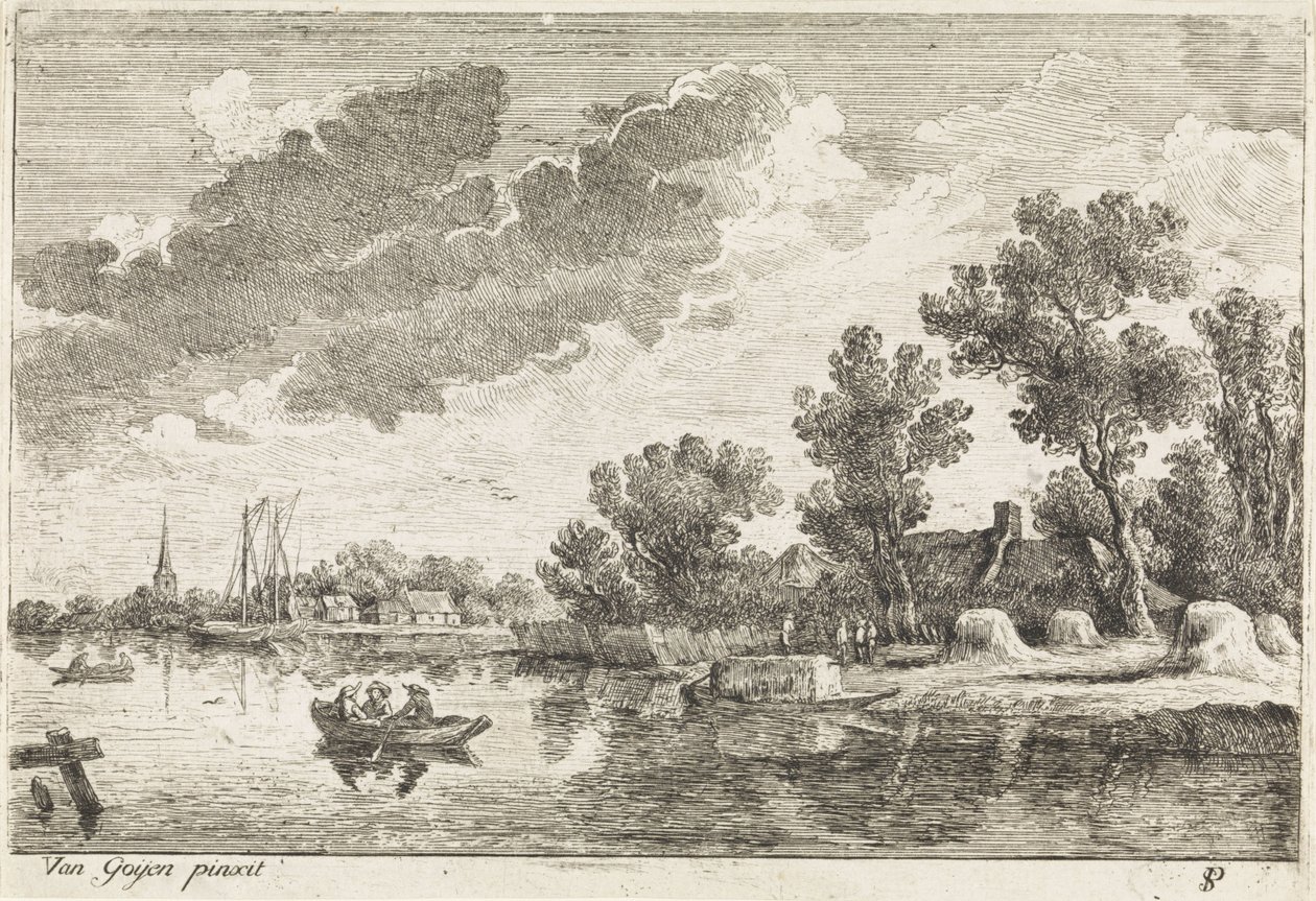 Elvelandskap med robåt av Philippe Lambert Joseph Spruyt