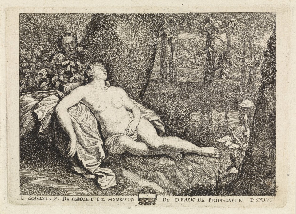Sovende nymfe spionert av en satyr av Philippe Lambert Joseph Spruyt