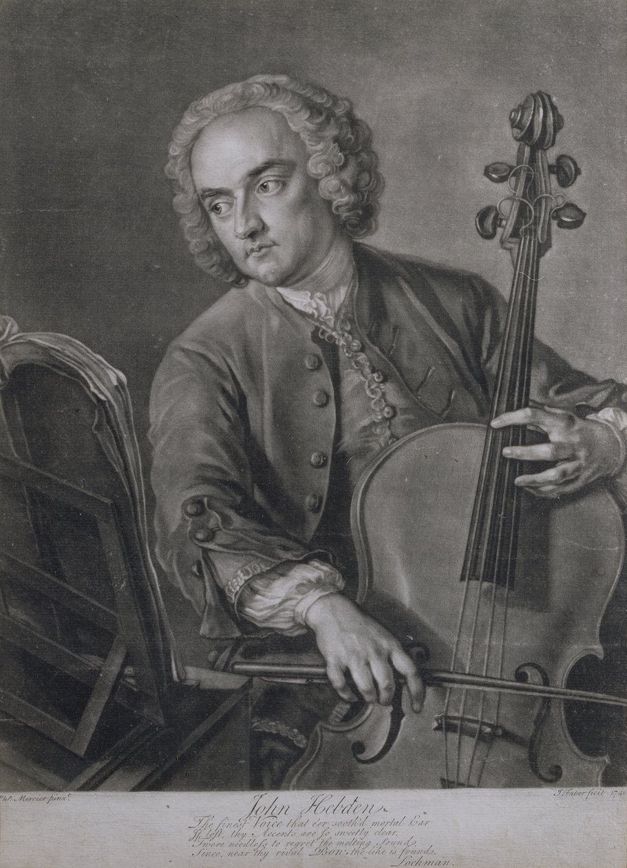 Portrett av John Hebden (fl.1740-60), en cellist i Händels orkester, gravert av John Faber (1684-1756), 1741 av Philippe Mercier