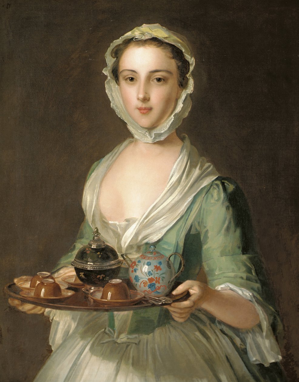 Portrett av en ung kvinne, muligens Hannah, kunstnerens hushjelp, som holder et tebrett av Philippe Mercier