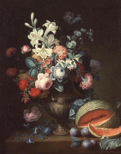 Stilleben av blomster i en klassisk vase med en kuttet melon av Philippe Parpette