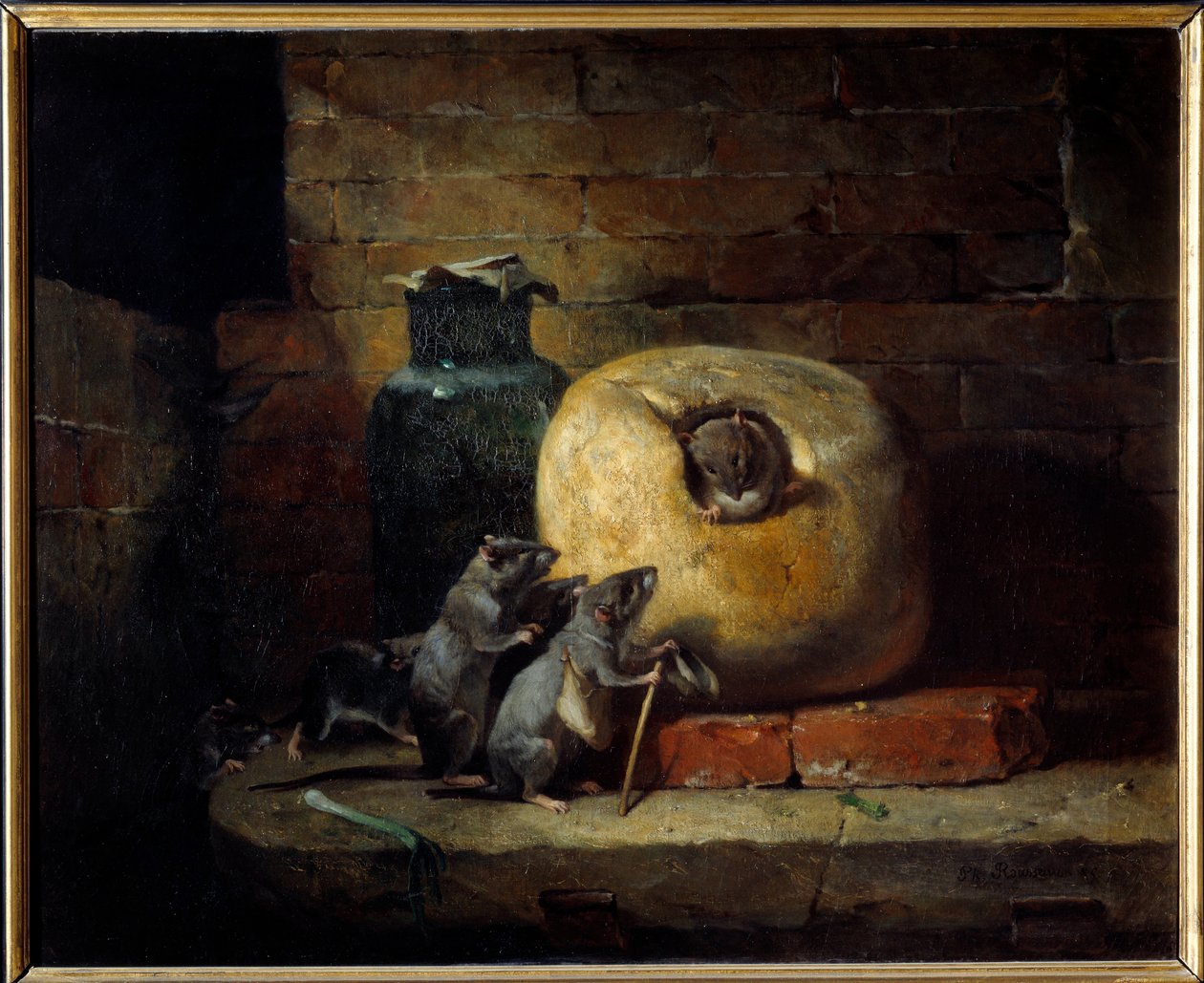 Rotta som trakk seg ut av verden. Illustrasjon av fabelen av Jean de La Fontaine. Maleri av Philippe Rousseau (1816 - 1887) av Philippe Rousseau