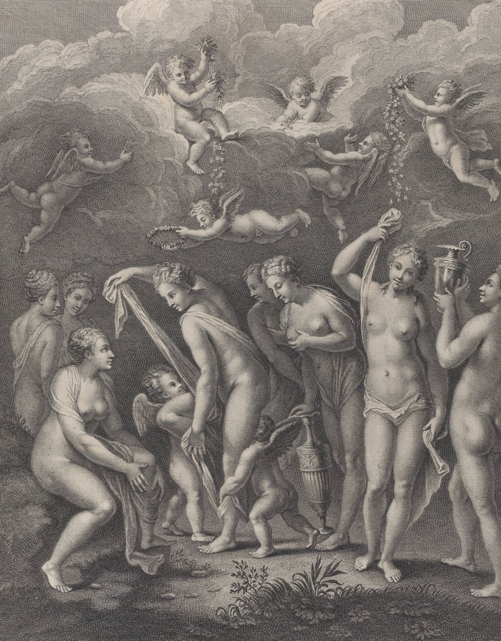 Hera, Afrodite og Athena forbereder seg på skjønnhetskonkurransen før P..., ca. 1729-40. av Philippe Simonneau