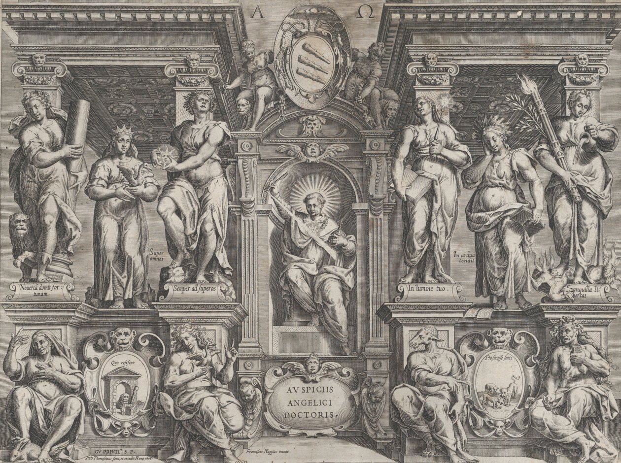 Allegorisk avhandlingstrykk med forskjellige figurer, satt i en arkitektonisk struktur, 1608. av Philippe Thomassin