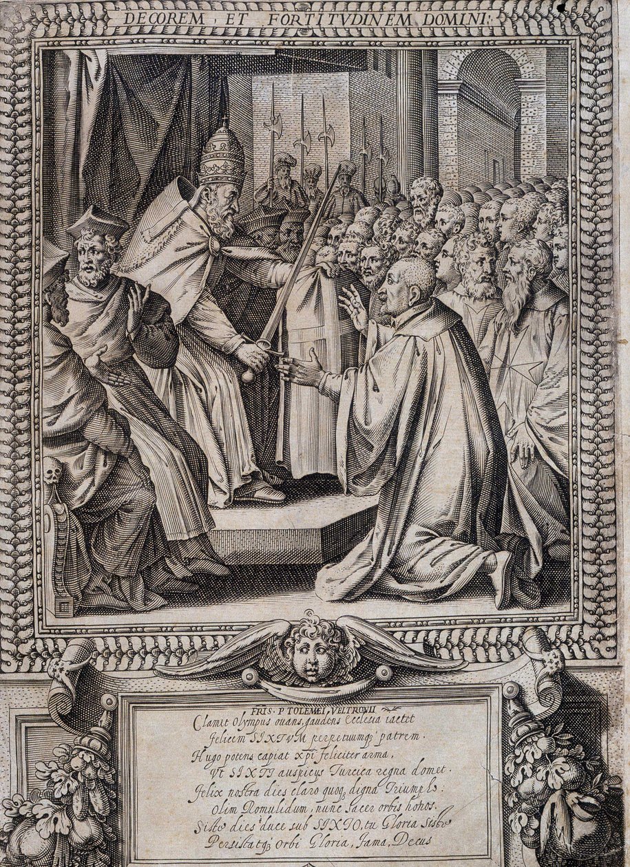 Board of Statutes of the Order of Malta "" Statuta Hospitalis Hervsalem"" (mykning av en ridder av en pave), av Philippe Thomassin, sent på 1500-tallet av Philippe Thomassin