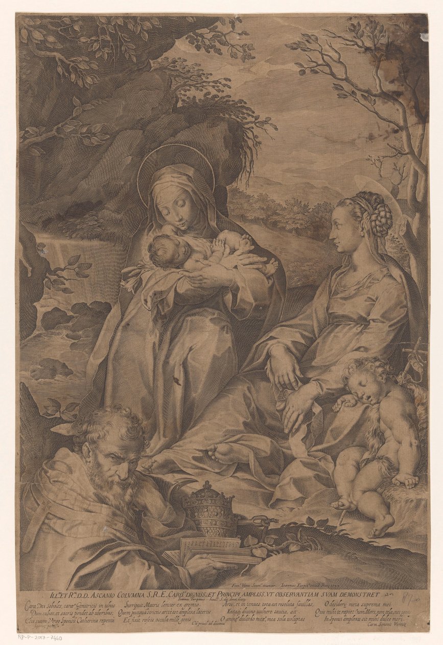 Den hellige Katarina av Siena med Kristusbarnet, Maria, en sovende døperen Johannes og en pave av Philippe Thomassin
