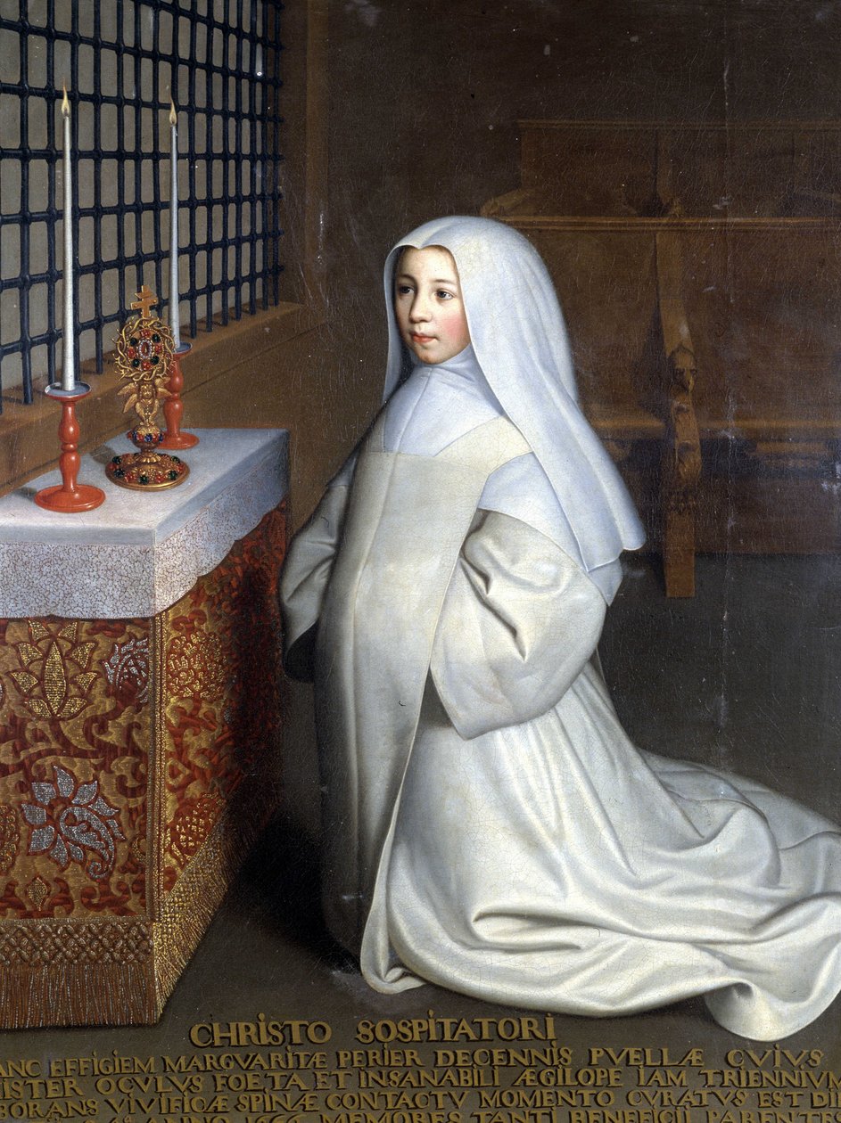 Portrett av Marguerite Périer, innsatt i klosteret Port Royal des Champs (Port-Royal-des-Champs) og niese av Pascal ("" Til Kristus Frelseren: Marguerite Périer, en 10 år gammel jente hvis venstre øye ble helbredet i kontakt med den forfriskende torn”) - O av Philippe de (attr. to) Champaigne