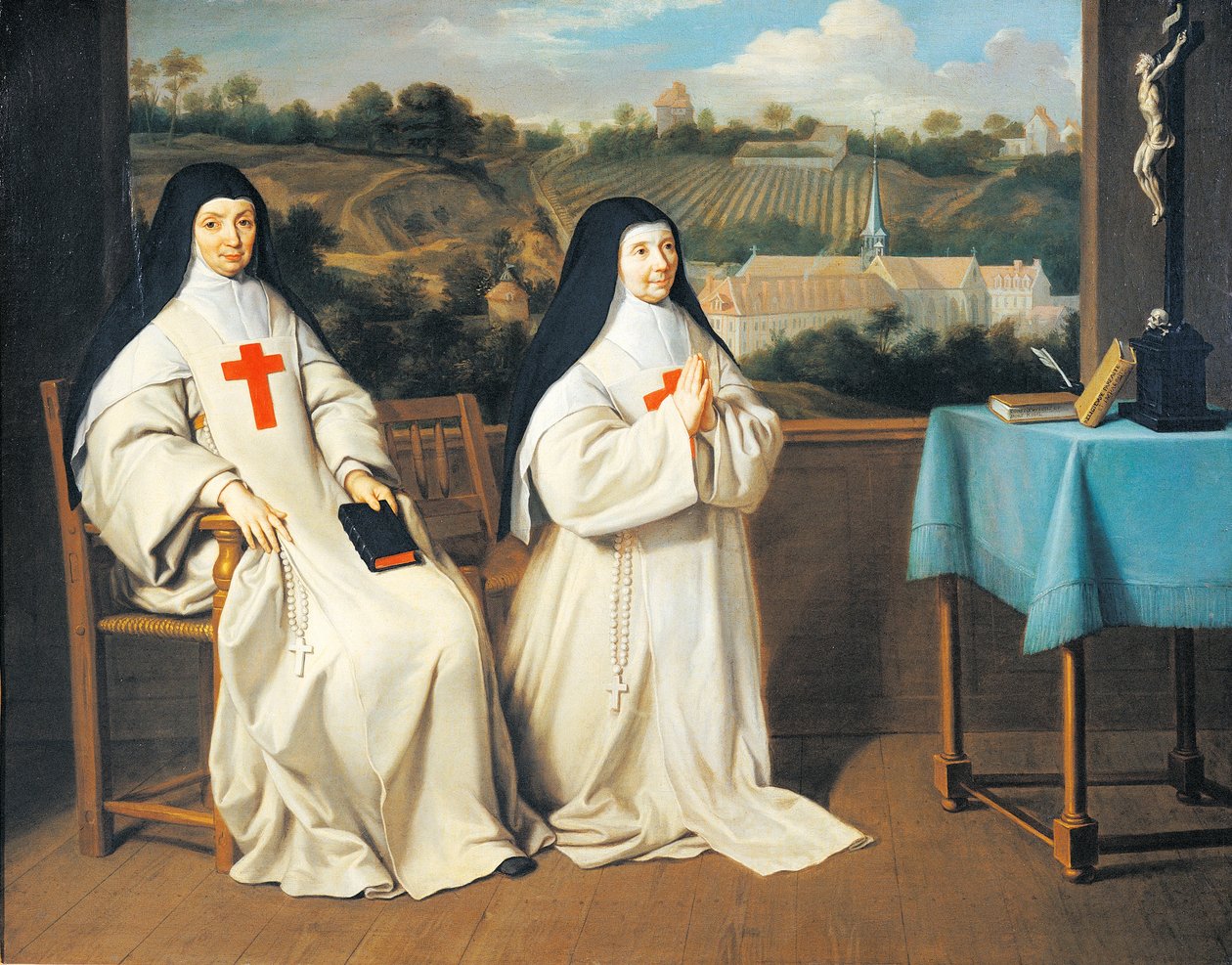 Portrett av mor Marie-Angelique Arnaulds søster og mor Agnes foran Port-Royal des Champes Abbey, tilskrevet Philippe de Champaigne (1602-1670). av Philippe de (attr. to) Champaigne