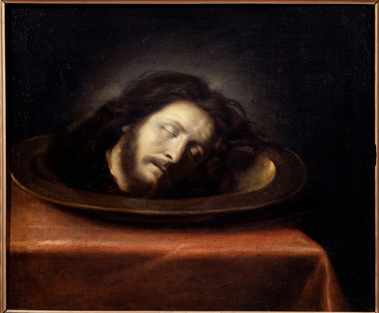 Leder av Saint Jean Baptiste plassert på et flatt maleri av skolen til Philippe de Champaigne (1602-1674) fra 1600-tallet. Magny les Hameaux, Musee de Port Royal des Champs - Hodet til døperen Johannes plassert på et fat. Maleri av skolen til Philip av Philippe de (school of) Champaigne