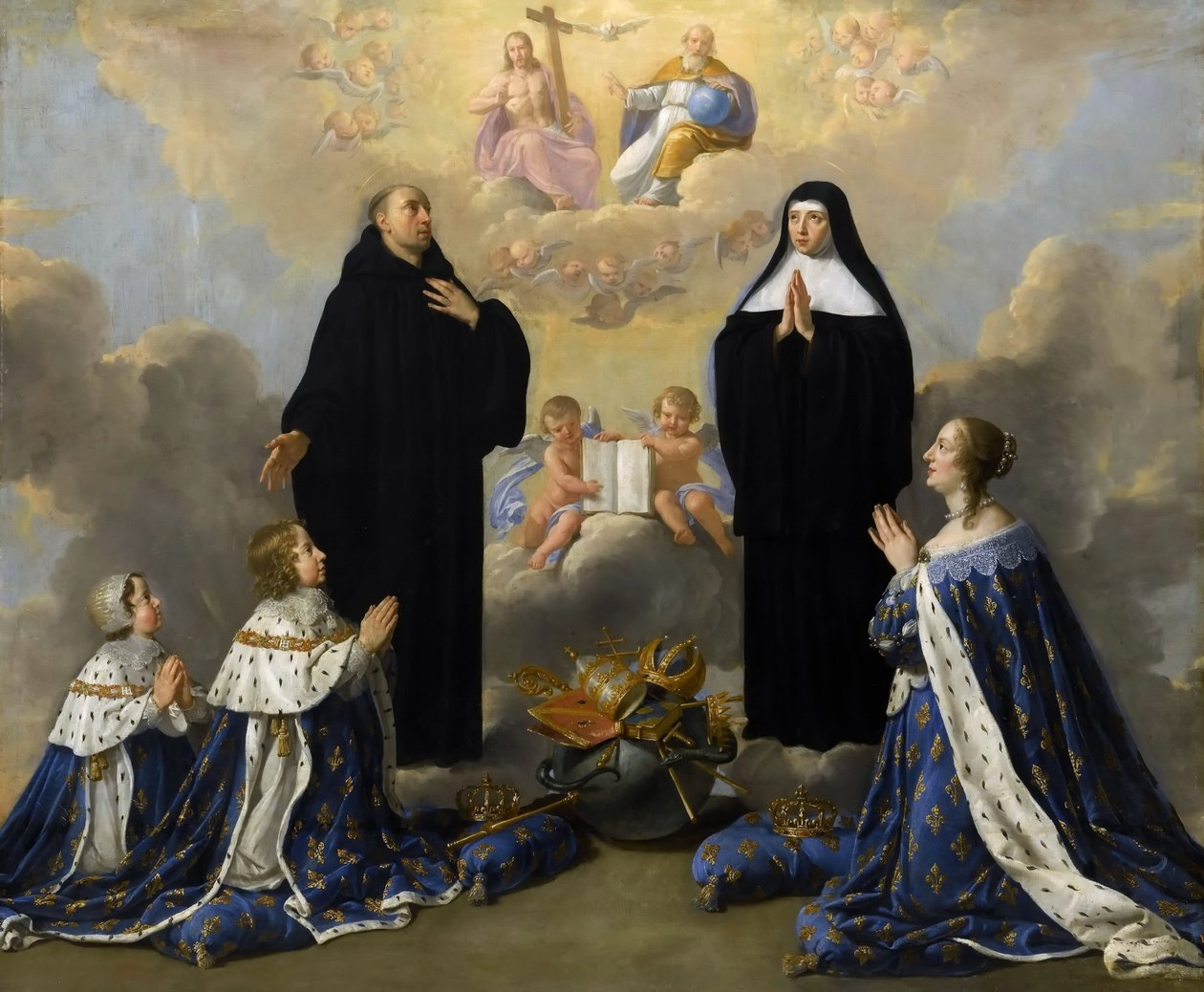 Anna av Østerrike med barna hennes, ber til den hellige treenighet med de hellige Benedikt og Scholastica av Philippe de Champaigne