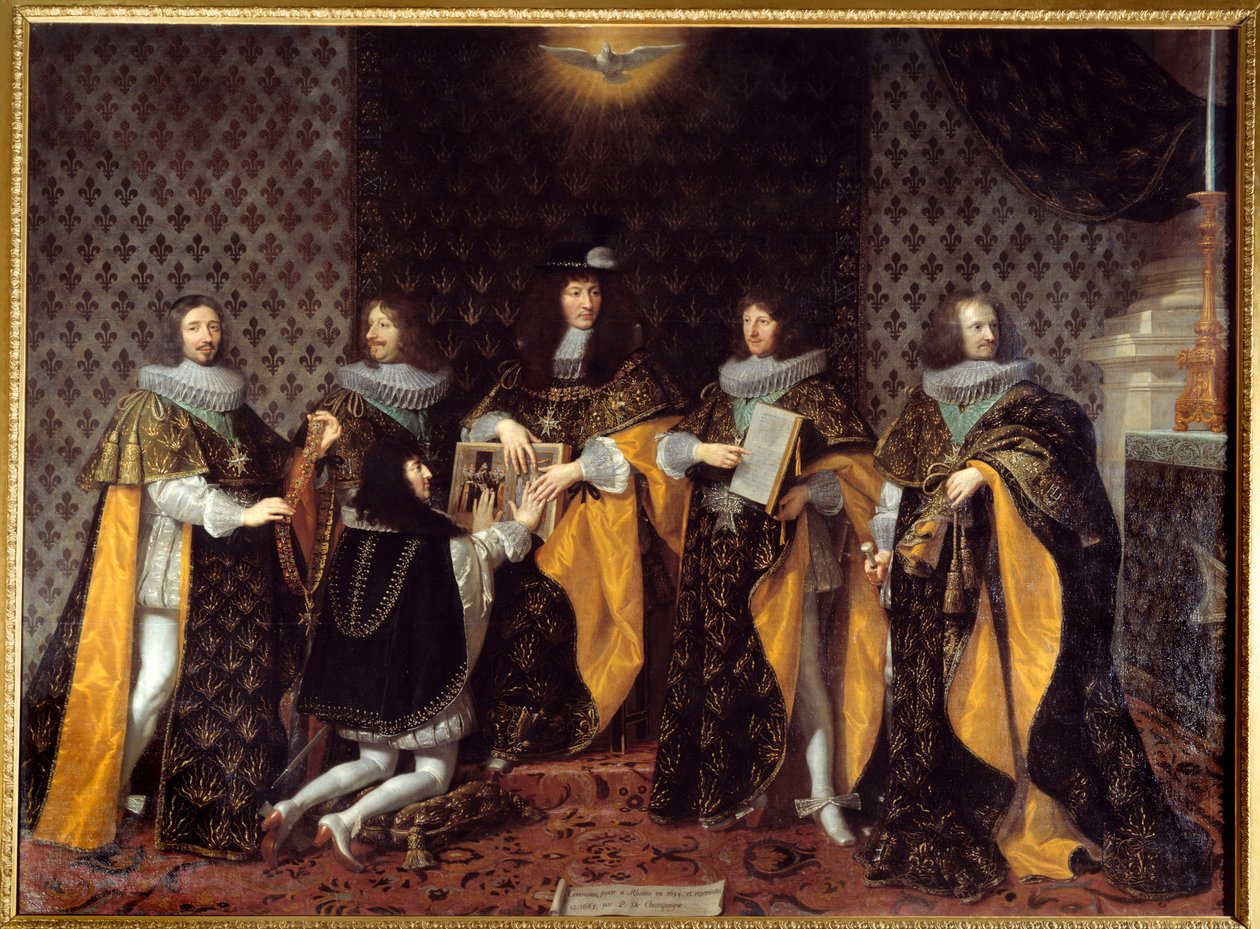 Kong Ludvig XIV mottar sin bror hertugen av Anjou, ridder av Den Hellige Ånds Orden Maleri av Filip av Champaigne (1602-1674) Grenoble fra 1600-tallet, musee des Beaux Arts - Kong Ludvig XIV tar imot sin bror, hertugen av Anjou, Ridder av Or av Philippe de Champaigne