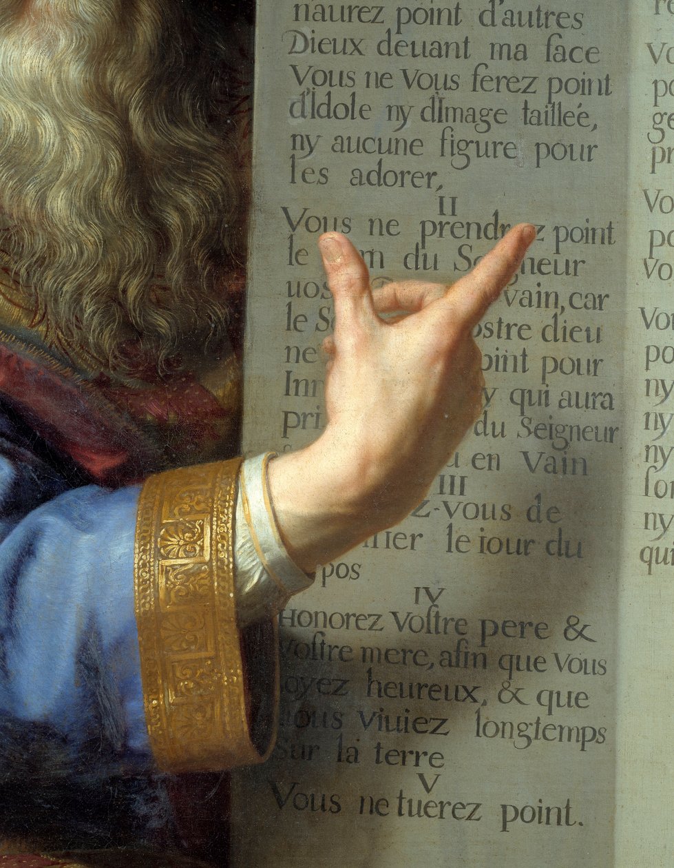 Moses og lovens tabeller, detalj av Moses hånd som viser de ti bud. Maleri av Philippe De Champaigne (1602-1674) Ec. Flam. av Philippe de Champaigne