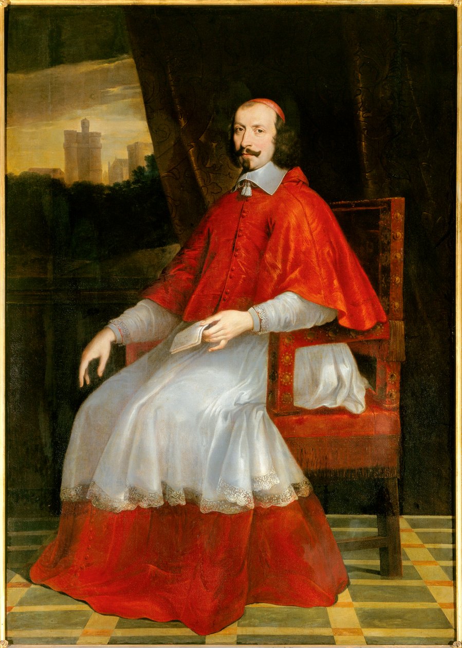 Portrett til fots av kardinal Jules Mazarin (Giulio Raimondo Mazzarino eller Mazarino) (1602-1661) Kardinalen sitter bak ham med utsikt over Chateau de Vincennes. Maleri av Philippe de Champaigne (1602-1674). Søn 2,05 X 1,44 m. Chantilly, grevens museum -  av Philippe de Champaigne
