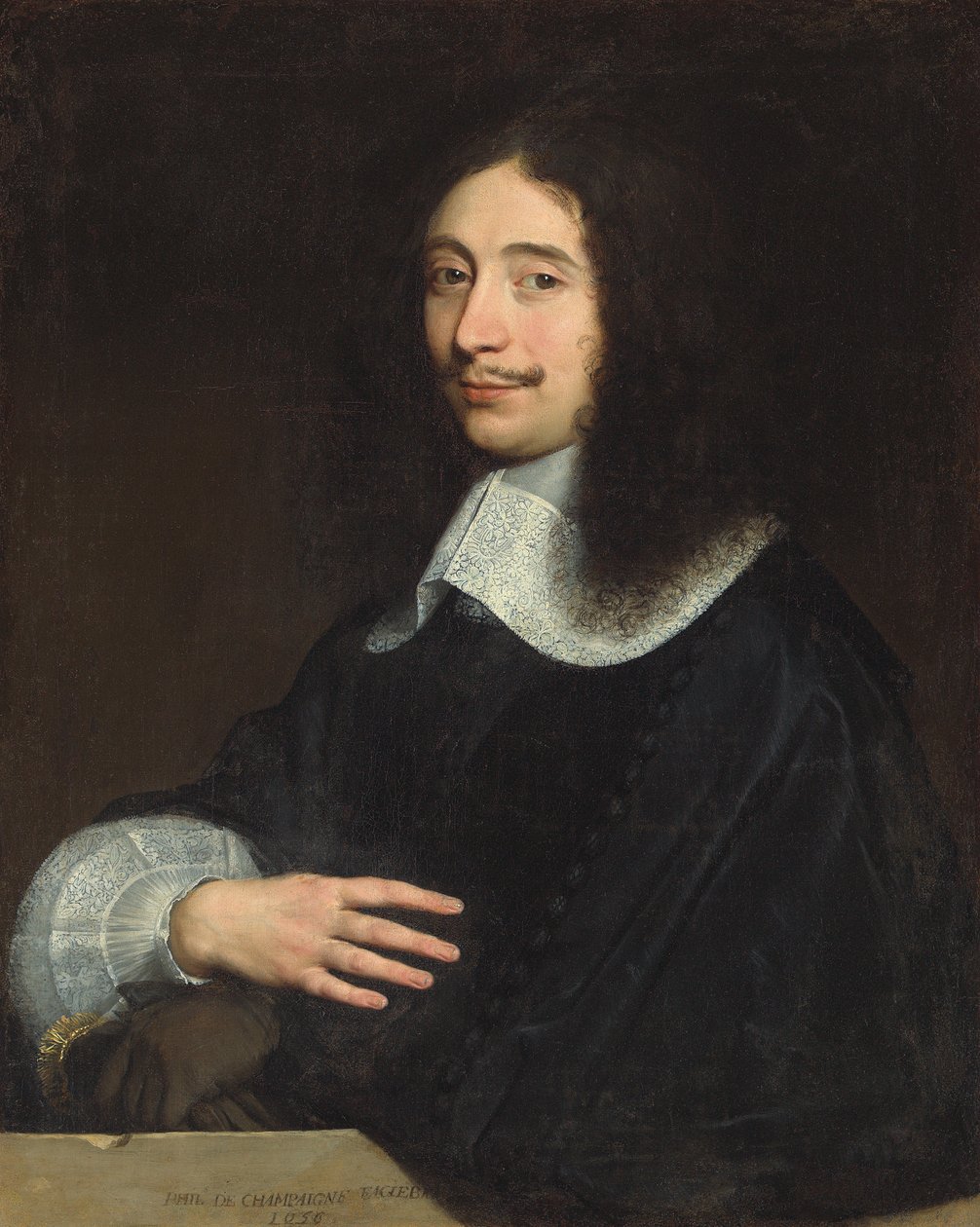 Portrett av en gentleman, tradisjonelt identifisert som Noël de Bullion, halvlang, i svart med blondekrage og erme, hanskene i venstre hånd, 1656 av Philippe de Champaigne