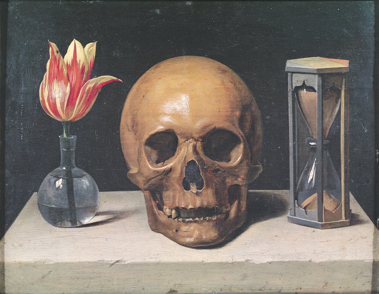 Vanitas stilleben med tulipan, hodeskalle og timeglass (olje på panel) av Philippe de Champaigne