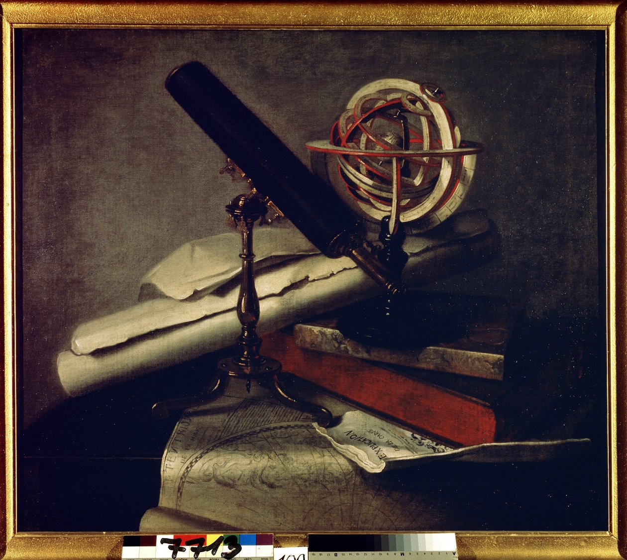 Astronomiske instrumenter. (Astronomiske redskaper). Stilleben med astronomisk teleskop (teleskop), himmelglobus og himmelkart. Maleri av Philippe de La Hyre (1640-1718). Fransk kunst, barokkstil. Olje på lerret. Tsarskoye Selo-museet, Saint P av Philippe de la Hire