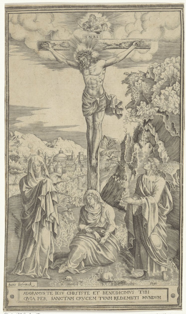 Kristus på korset flankert av Maria og Johannes av Philippe de Soye