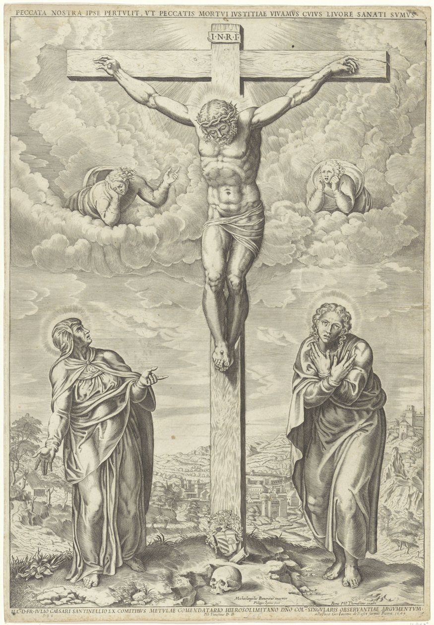 Kristus på korset flankert av Maria og Johannes i et landskap av Philippe de Soye
