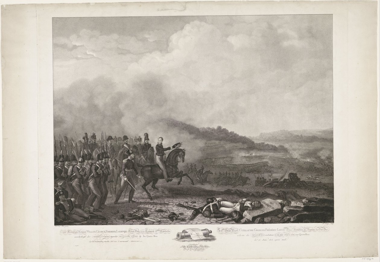 Prins av Orange som ledet de nederlandske troppene i slaget ved Quatre-Bras, 1815 Hans Kongelige Høyhet William, George, Frederik, Lodewijk Kronprins av kongeriket Nederland i spissen for den nederlandske mot den franske hæren av Quatre-B av Philippus Velijn