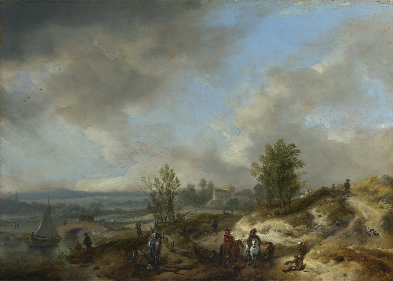 Et sanddynelandskap med en elv og mange figurer av Philips Wouwerman