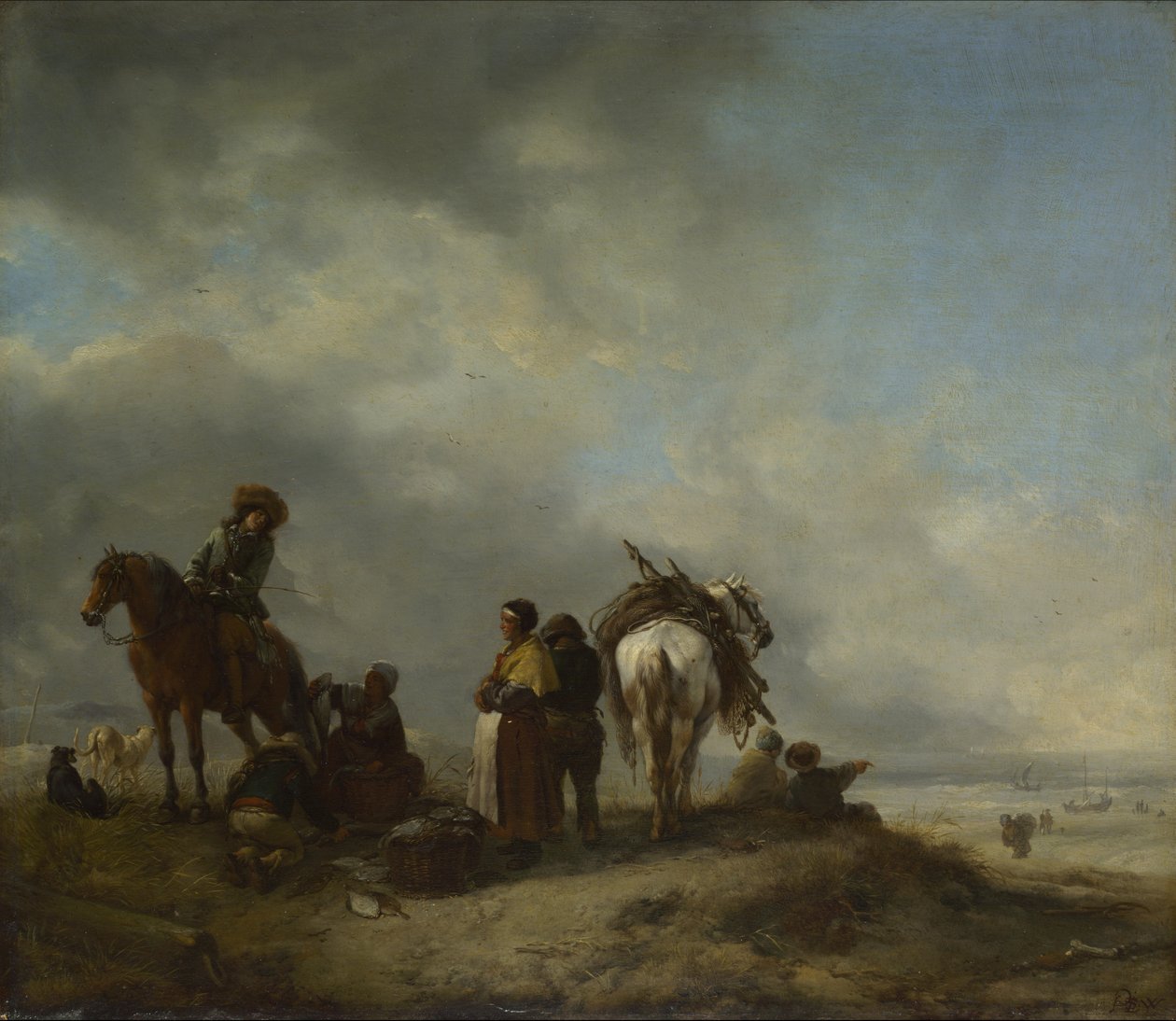 En utsikt over en strand med fiskefruer som tilbyr fisk til en rytter av Philips Wouwerman