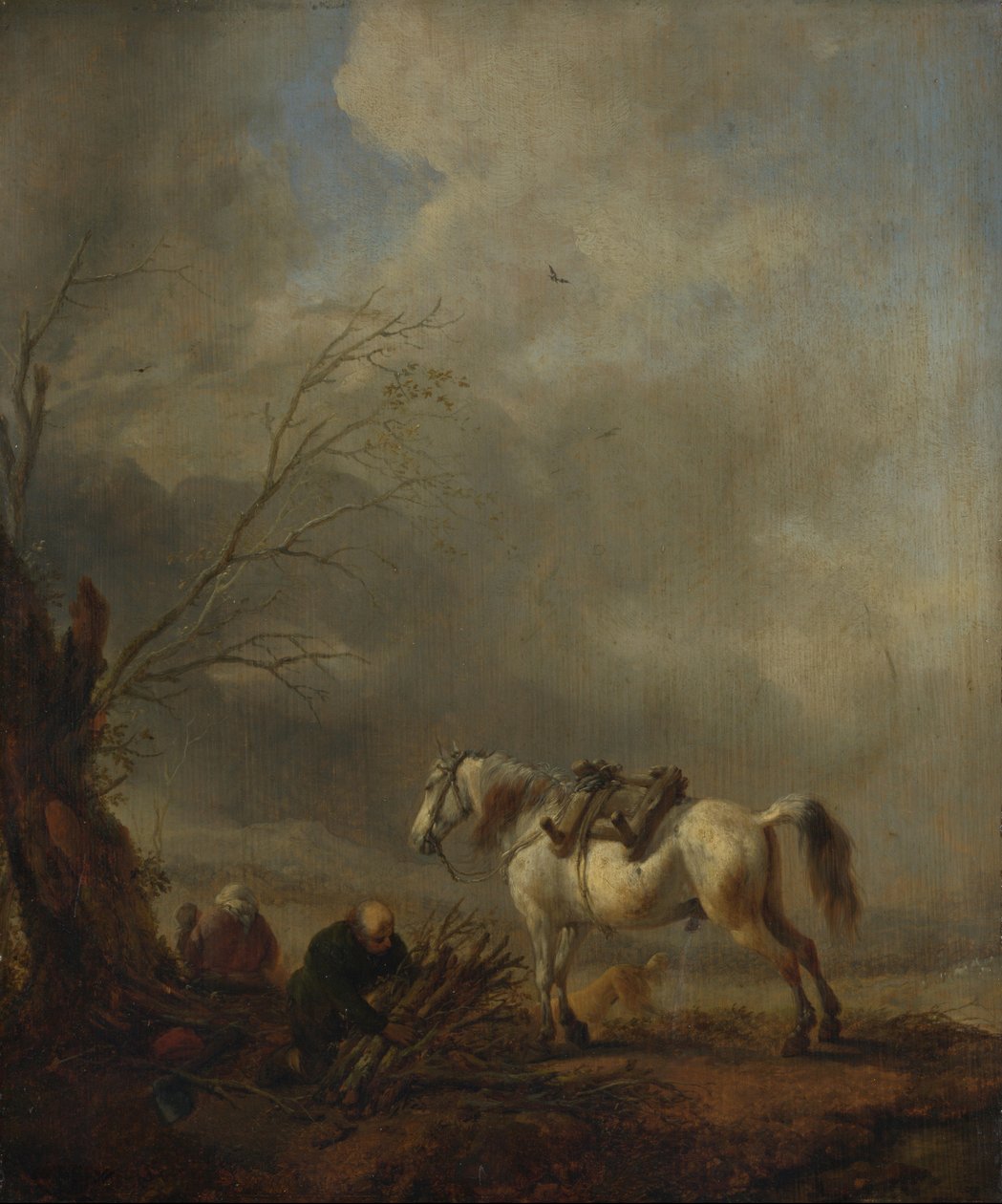 En hvit hest og en gammel mann som binder Fagots av Philips Wouwerman