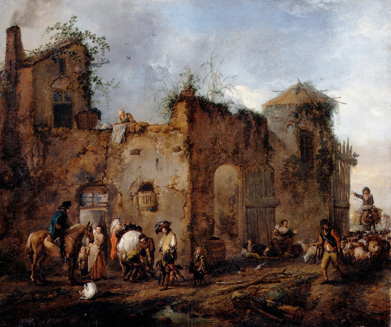 Gårdsplass med en hovslager som sko en hest av Philips Wouwerman