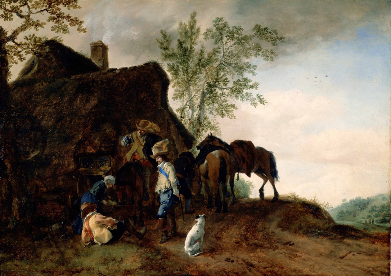 Stopp av Cavaliers på et vertshus av Philips Wouwerman