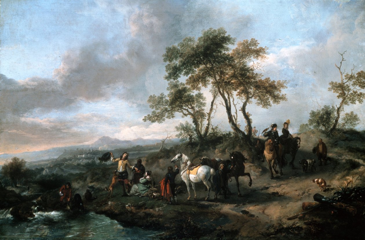 Stopp av et jaktfest av Philips Wouwerman