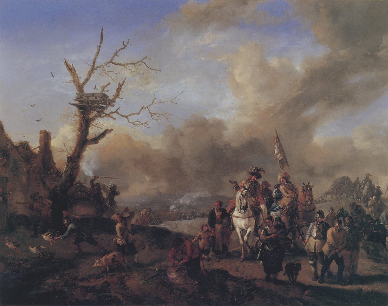 Ankommer tropp av soldater med sutlere og barn, som plyndrer en gård av Philips Wouwerman