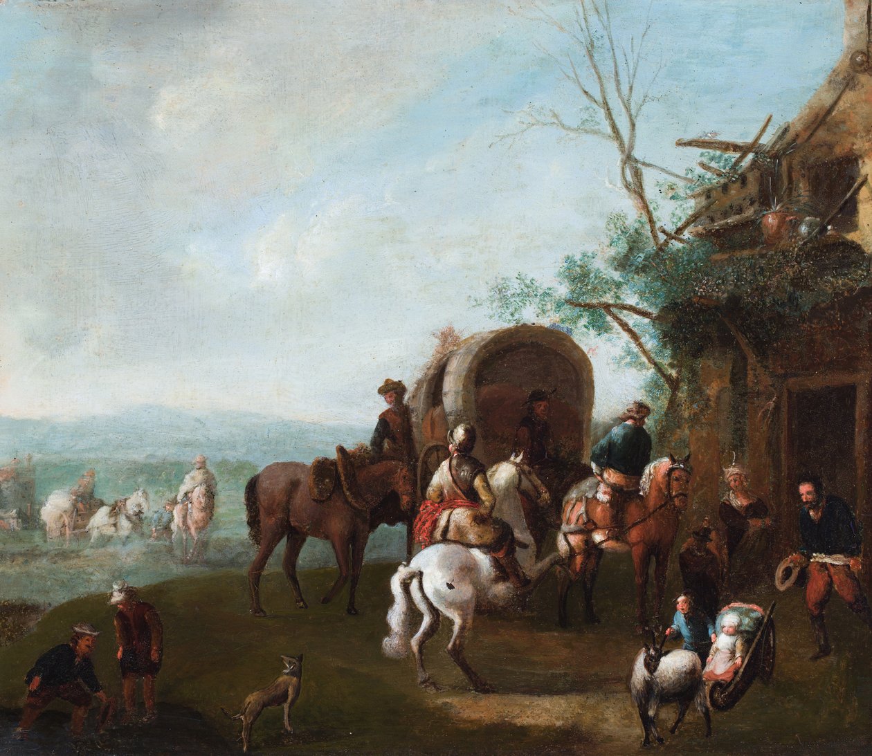 Reisende utenfor et vertshus med en mann på en hest som reiser seg (olje på metall) av Philips (manner of) Wouwermans or Wouvermans