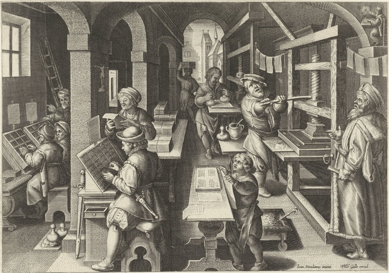 trykkpresse Nye oppfinnelser og funn (serietittel) Nova Reperta (serietittel) av Philips Galle (attributed to workshop of)