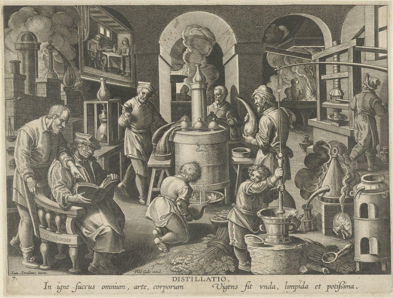 Destillasjon Destillasjon (tittel på objekt) Nye oppfinnelser og funn (serietittel) Nova Reperta (serietittel) av Philips Galle (attributed to workshop of)