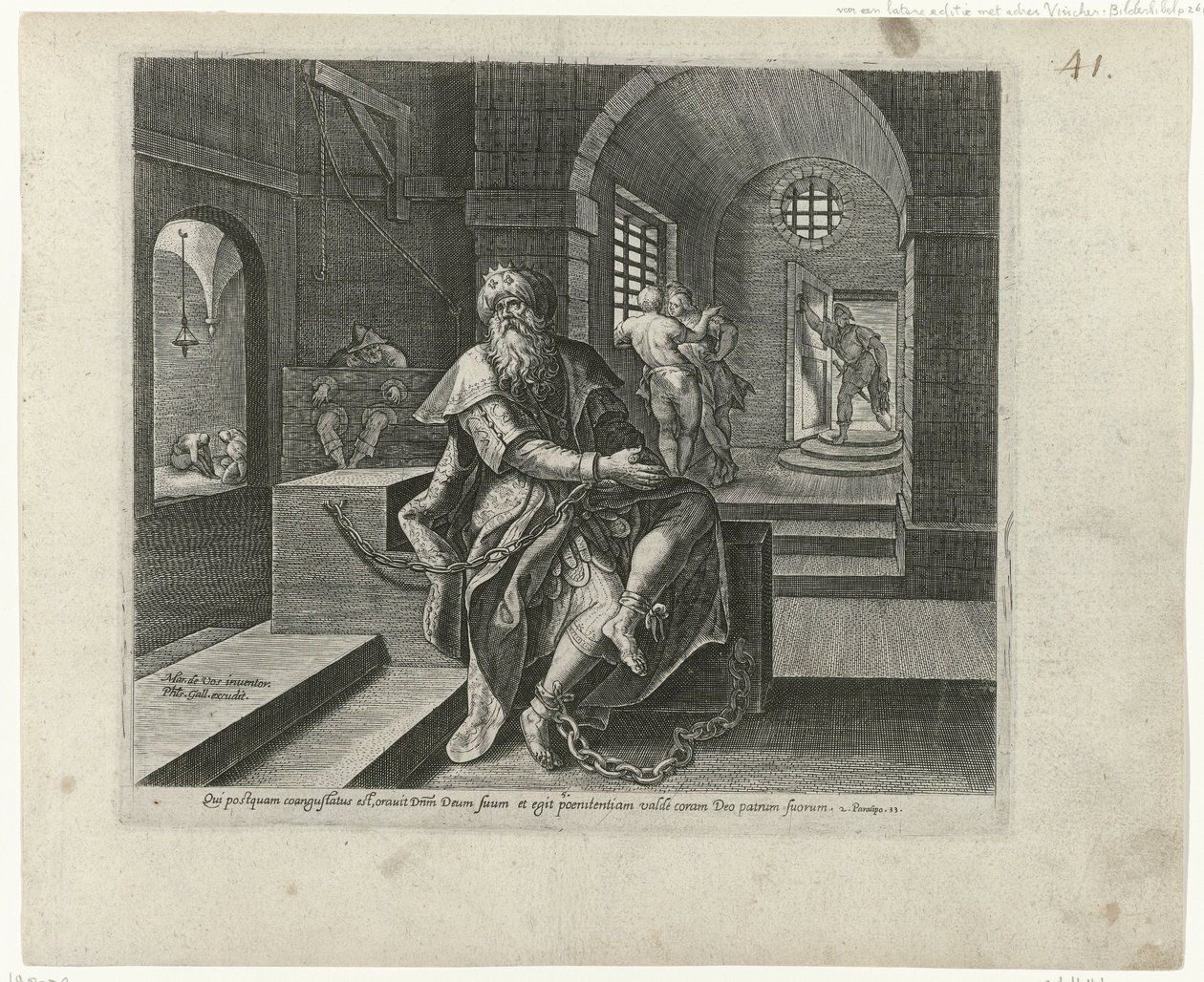 Koning Manasse i fengsel Boetedoening en berouw in het Oude Testament en het Nieuwe Testament (serietittel) En type guddommelig overbærenhet og barmhjertighet, mot de som omvender seg fra sine overtredelser av hele sitt hjerte og vender seg til Gud (serie av Philips Galle (attributed to workshop of)
