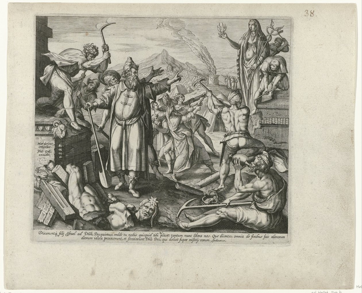 Vernietiging van de afgodsbeelden van Baal Boetedoening en berouw in het Oude Testament en het Nieuwe Testament (serietittel) En type guddommelig overbærenhet og barmhjertighet, mot dem hvis overtredelser han angrer av hele sitt hjerte og vender seg til Gu av Philips Galle (attributed to workshop of)