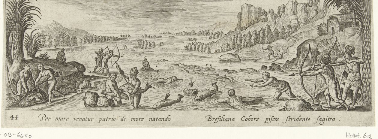 Fiske blant indianere Jakt og fiske (serietittel) Venationes, Piscationes et Aucupii Typi (serietittel) av Philips Galle (attributed to workshop of)