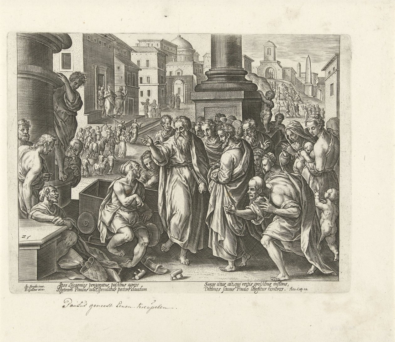 Paulus helbreder en krøpling i Lystra Apostlenes gjerninger (serietittel) Acta Apostolorum (serietittel) av Philips Galle (possibly)