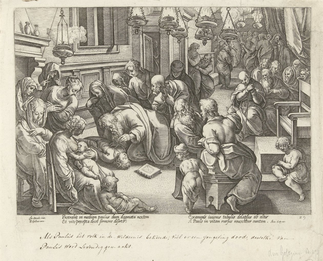 Paulus vekker Eutychus tilbake til livet Apostlenes gjerninger (serietittel) Acta Apostolorum (serietittel) av Philips Galle (workshop of)