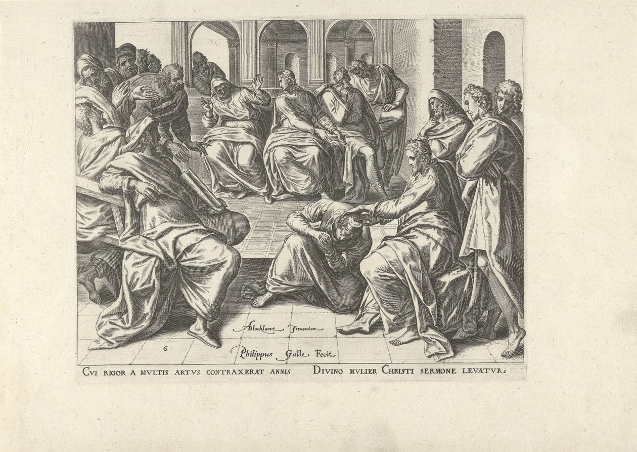 Kristus helbreder en forkrøplet kvinne Seks scener med Kristus og kvinner fra evangeliene (serietittel) av Philips Galle