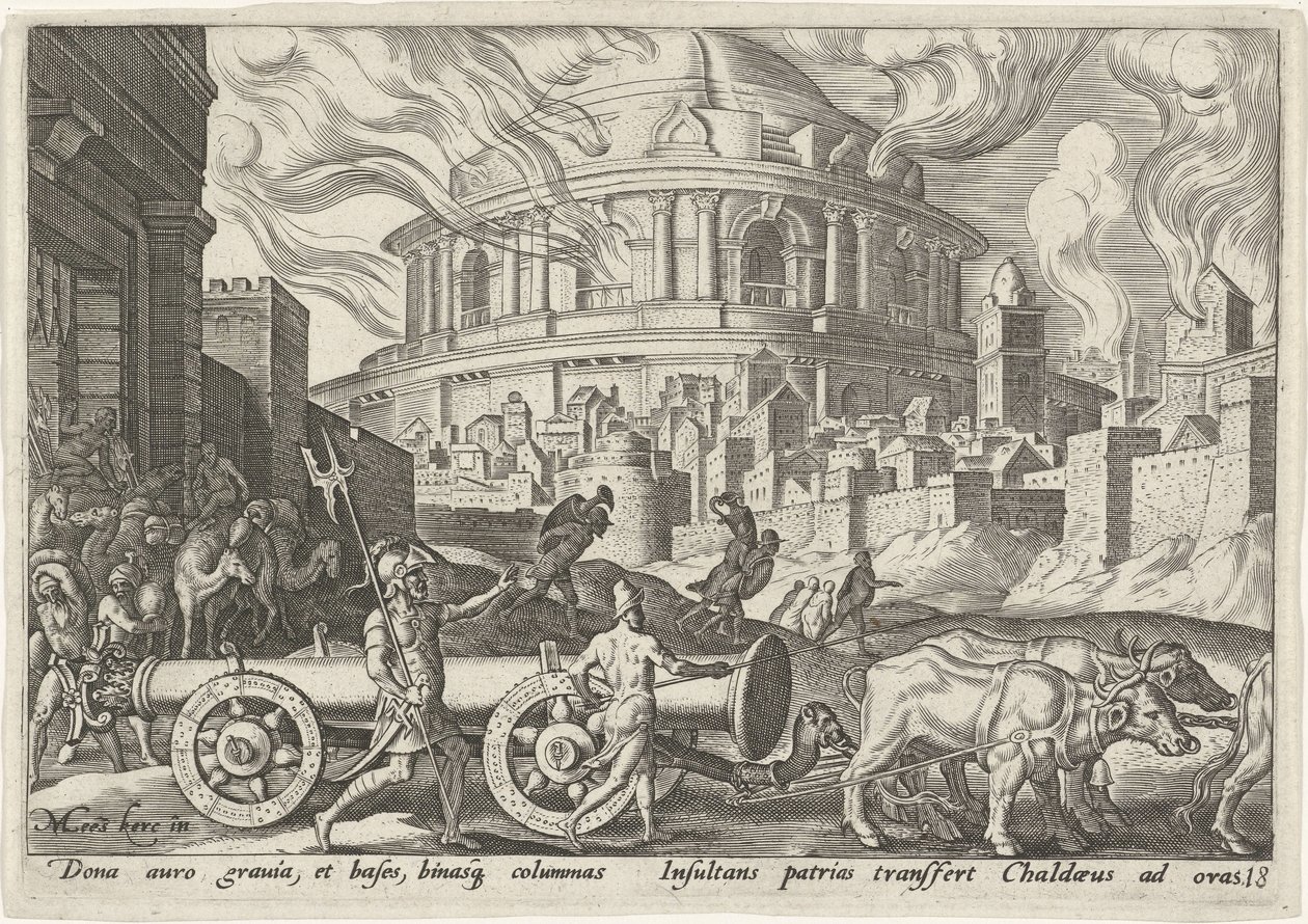 Kaldeerne tar søylene i Jerusalems tempel The Days of Doom of the Jewish People (serietittel) av Philips Galle