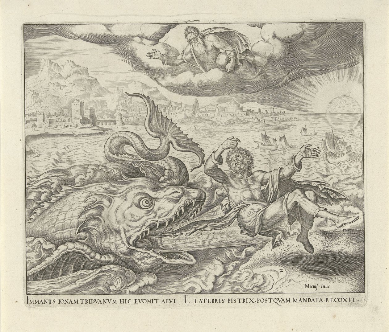 Fisken spyttet Jona ut på landet History of Jonah (serietittel) av Philips Galle