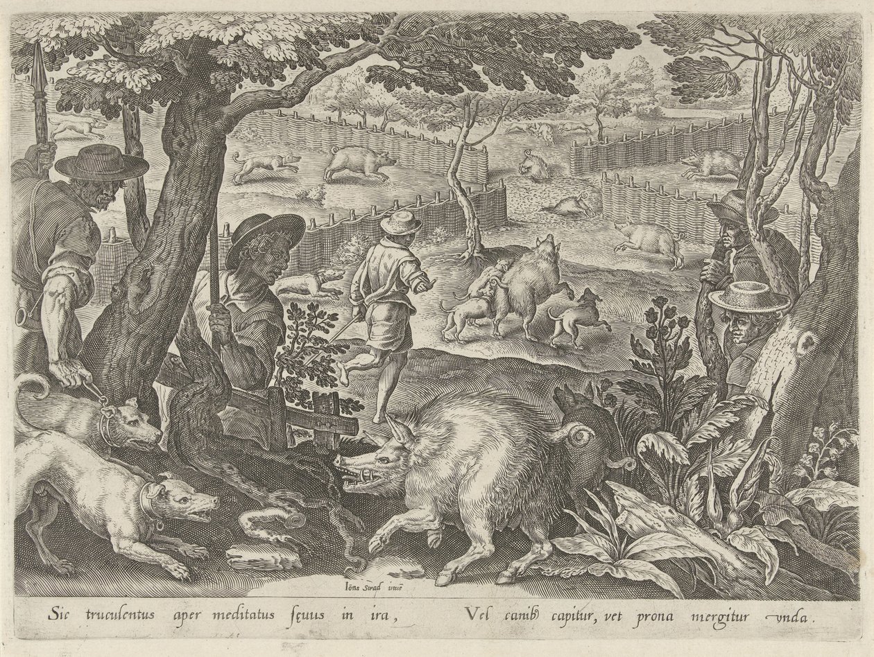 Drijfjacht op zwijnen Jachttaferelen (serietittel) Der alle typer jakt, fuglefangst og fiske (serietittel) av Philips Galle