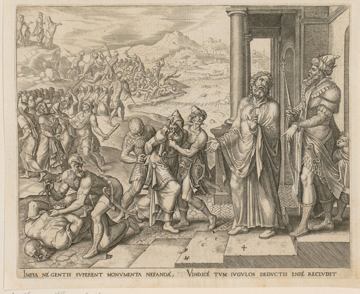 Pågripelsen og drapet på Baals prester, blad 4 i serien «Historien om Elia og Baals prester» av Philips Galle