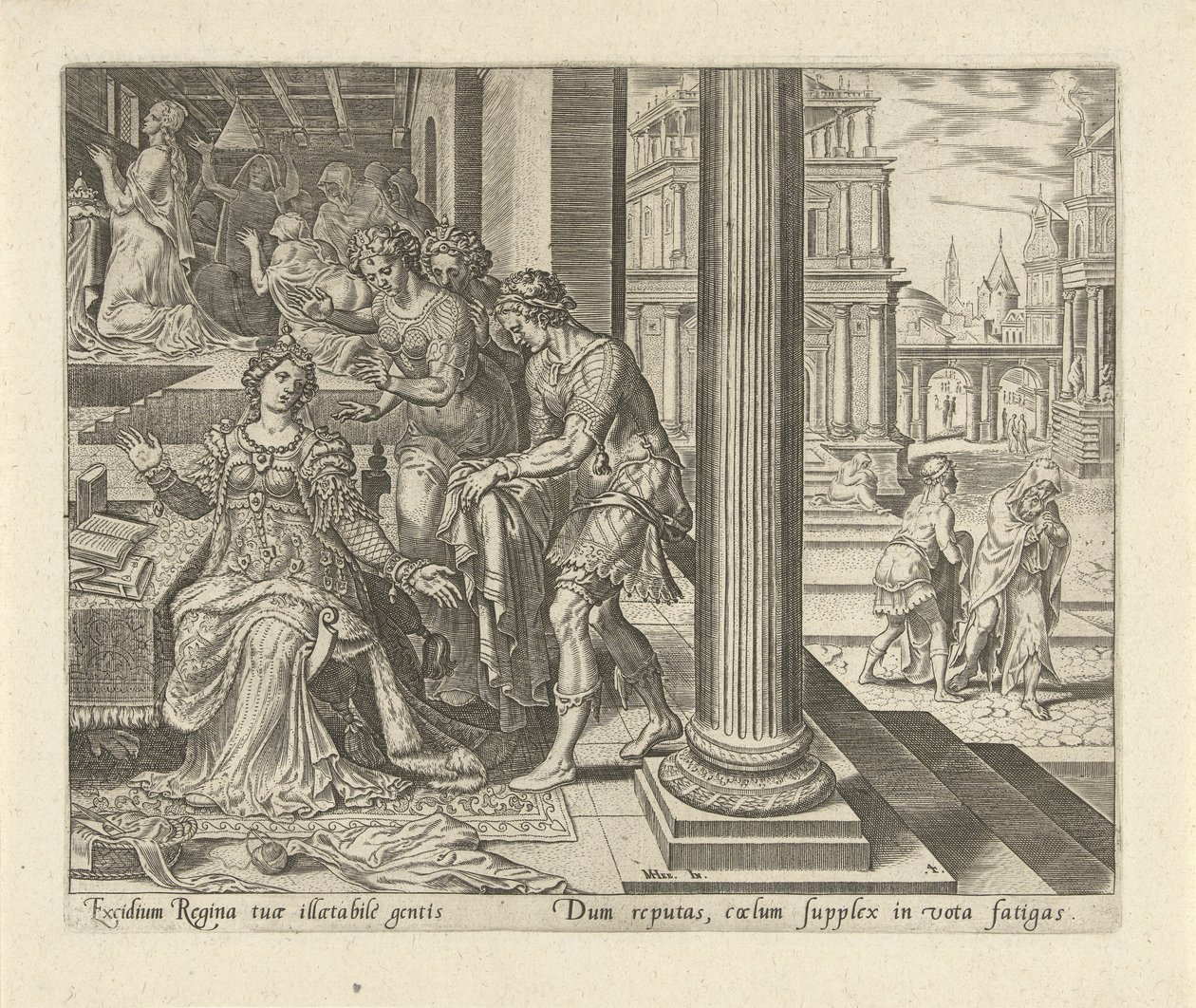 Ester hører fra tjenestepikene sine at Mordekai har på seg sørgeklær History of Esther (serietittel) av Philips Galle