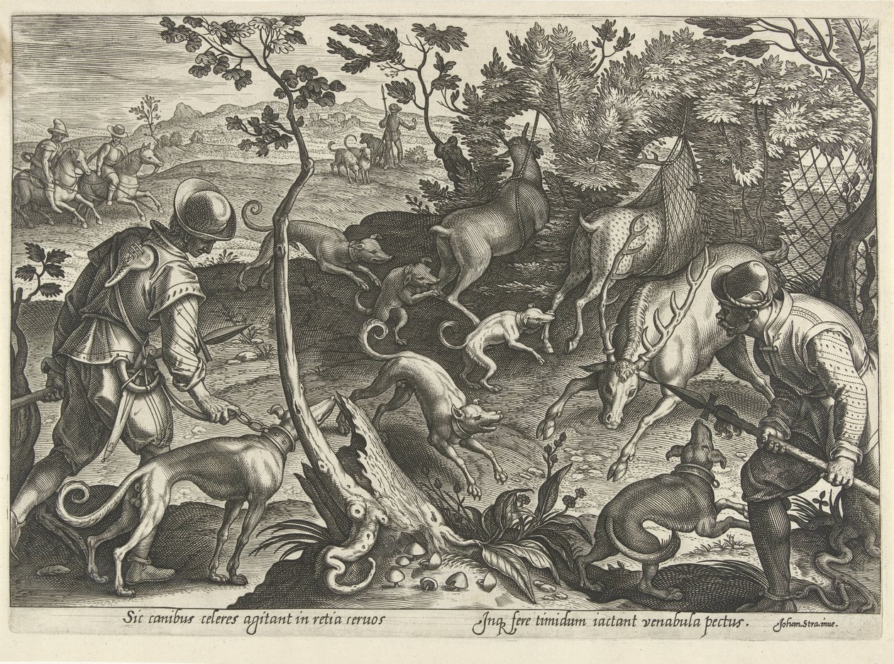 Hertenjacht met vallen Jachttaferelen (serietittel) Der alle typer jakt, fuglefangst og fiske (serietittel) av Philips Galle